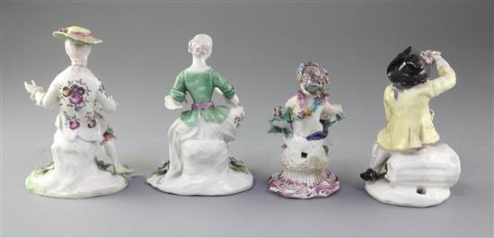 A pair of Derby Pale Family figures of a seated gentleman and a lady, c.1755-58 and two Bow figures, Bow figures with faults (4)